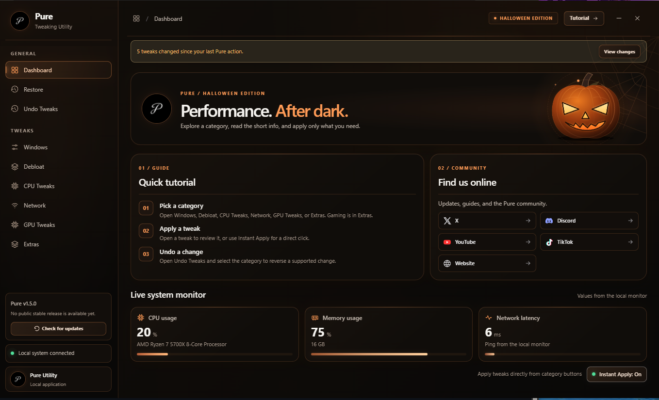 Pure Tweaking Utility dashboard with Windows, Debloat, CPU Tweaks, Network, GPU Tweaks, Extras, Restore and Undo Tweaks